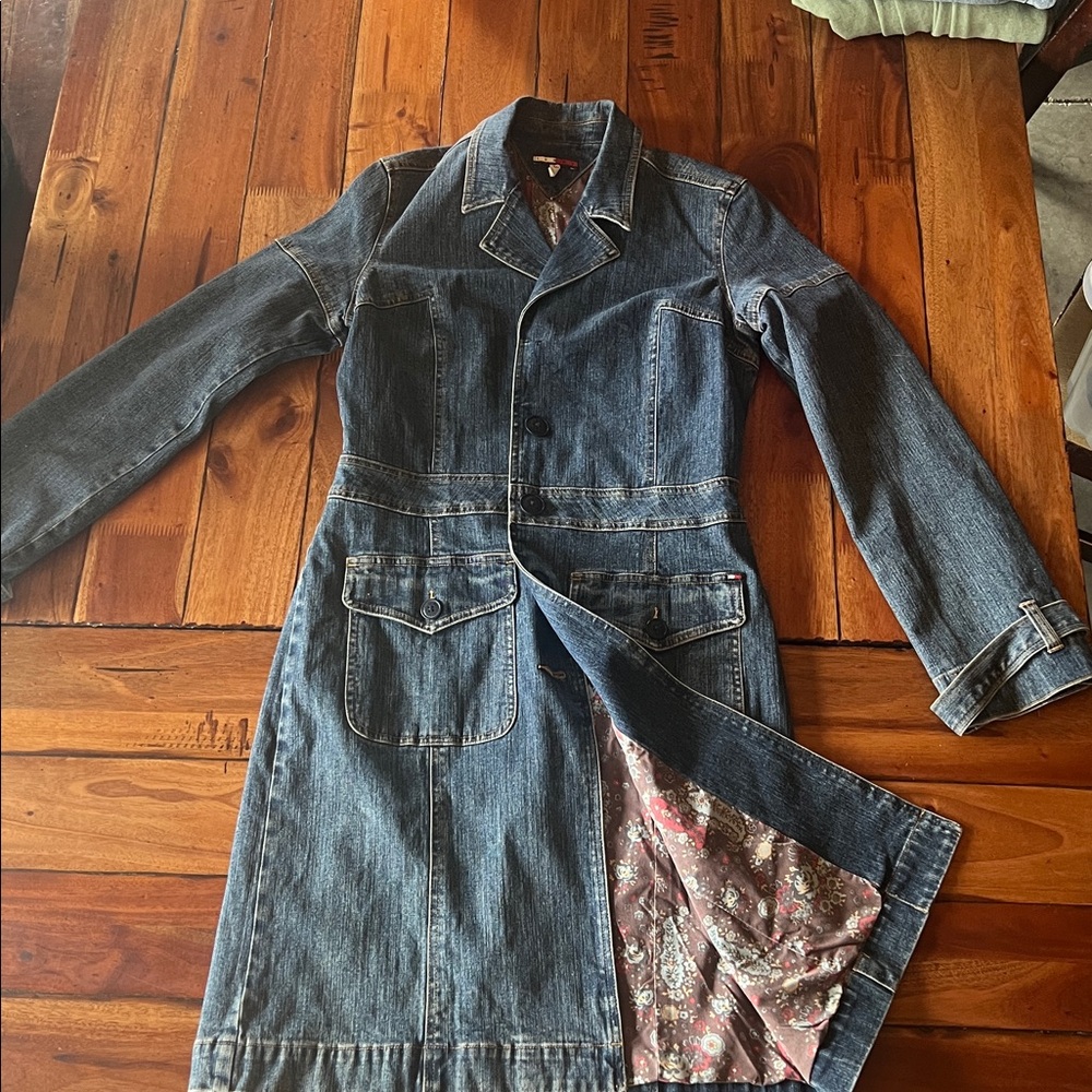 Denim Long Coat with Floral Lining
